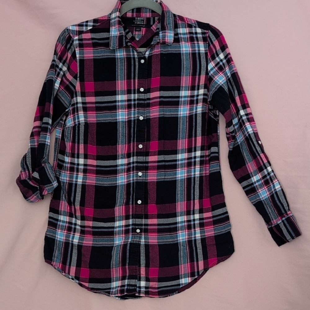 Tommy Hilfiger Pink and Black Plaid Button Down Shirt